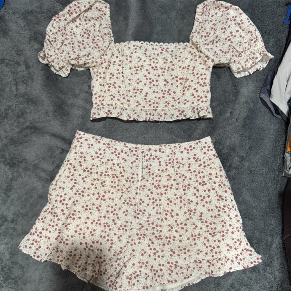 Altar'd State Floral Top and Shorts Set - Cream and Pink